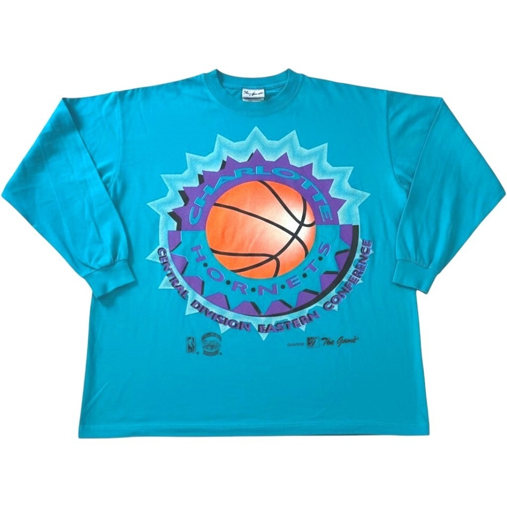 VTG 90s Charlotte Hornets Long Sleeve Shirt Large Teal The Game NBA Graphic